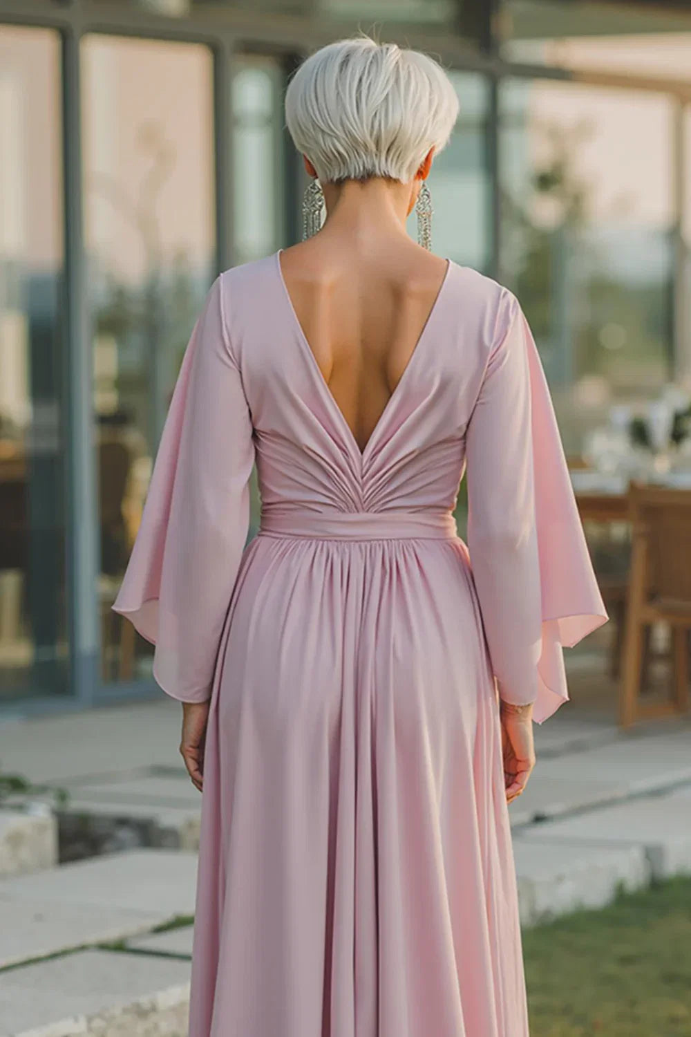 A-Line V-Neck Flutter Sleeve Backless Floor-Length Mother of the Bride Dress