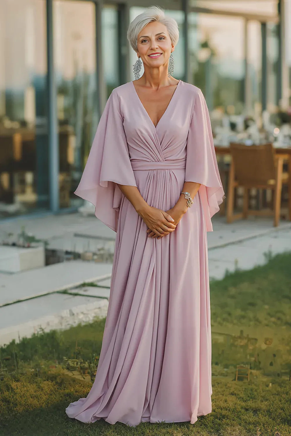 A-Line V-Neck Flutter Sleeve Backless Floor-Length Mother of the Bride Dress