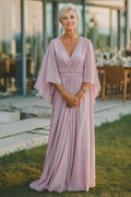 A-Line V-Neck Flutter Sleeve Backless Floor-Length Mother of the Bride Dress