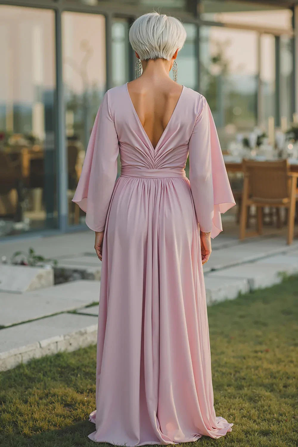 A-Line V-Neck Flutter Sleeve Backless Floor-Length Mother of the Bride Dress