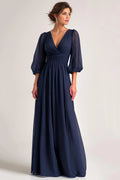 A-Line V-Neck Long Sleeve V Back Floor-Length Mother of the Bride Dress