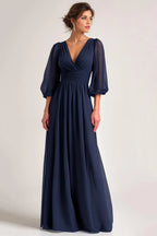 A-Line V-Neck Long Sleeve V Back Floor-Length Mother of the Bride Dress