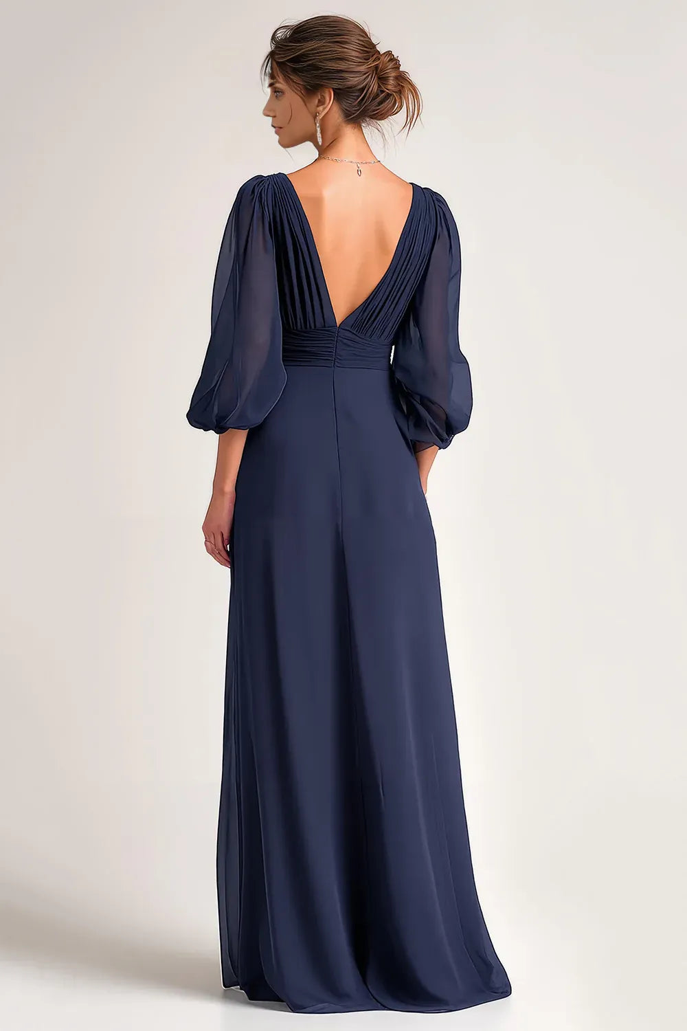 A-Line V-Neck Long Sleeve V Back Floor-Length Mother of the Bride Dress