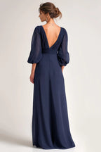 A-Line V-Neck Long Sleeve V Back Floor-Length Mother of the Bride Dress