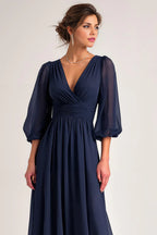 A-Line V-Neck Long Sleeve V Back Floor-Length Mother of the Bride Dress