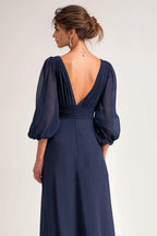 A-Line V-Neck Long Sleeve V Back Floor-Length Mother of the Bride Dress