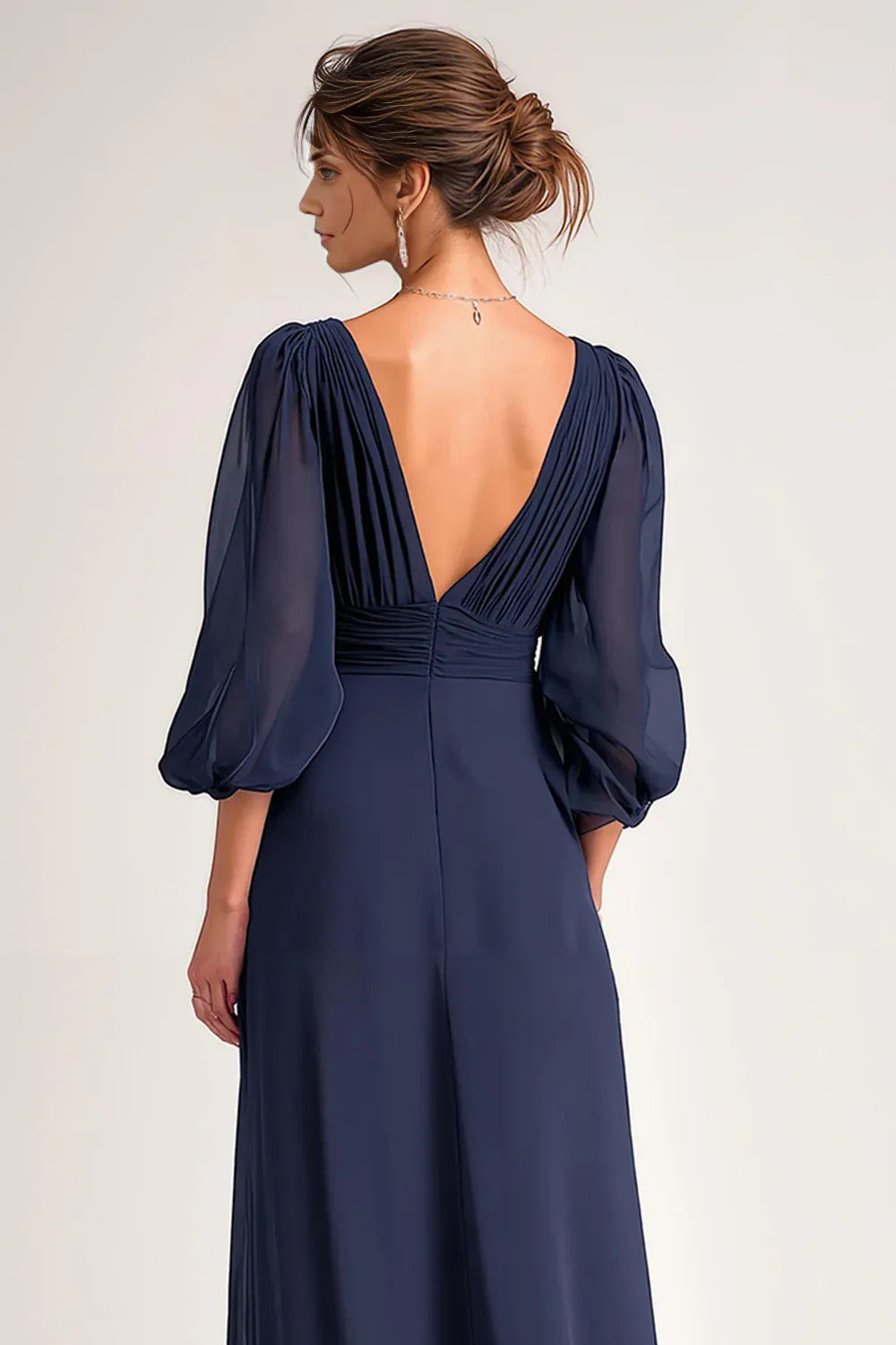 A-Line V-Neck Long Sleeve V Back Floor-Length Mother of the Bride Dress