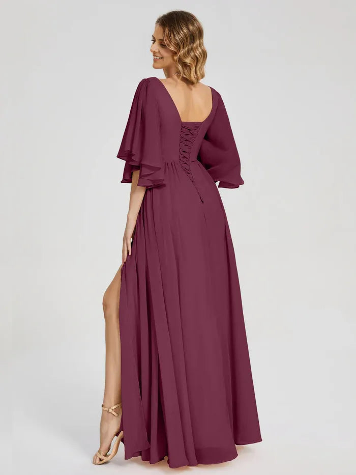 A-Line V-neck Half Sleeves Floor-Length Mother of the Bride Dress