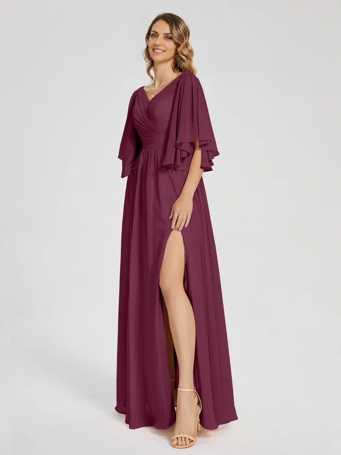 A-Line V-neck Half Sleeves Floor-Length Mother of the Bride Dress