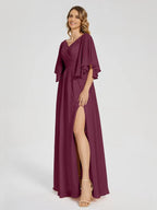 A-Line V-neck Half Sleeves Floor-Length Mother of the Bride Dress