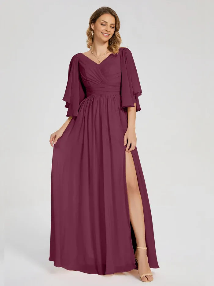 A-Line V-neck Half Sleeves Floor-Length Mother of the Bride Dress