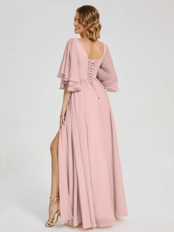 Simple A-Line V-neck Half Sleeves Chiffon Side Slit Floor-Length Bridesmaid Dress