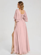 Simple A-Line V-neck Half Sleeves Chiffon Side Slit Floor-Length Bridesmaid Dress