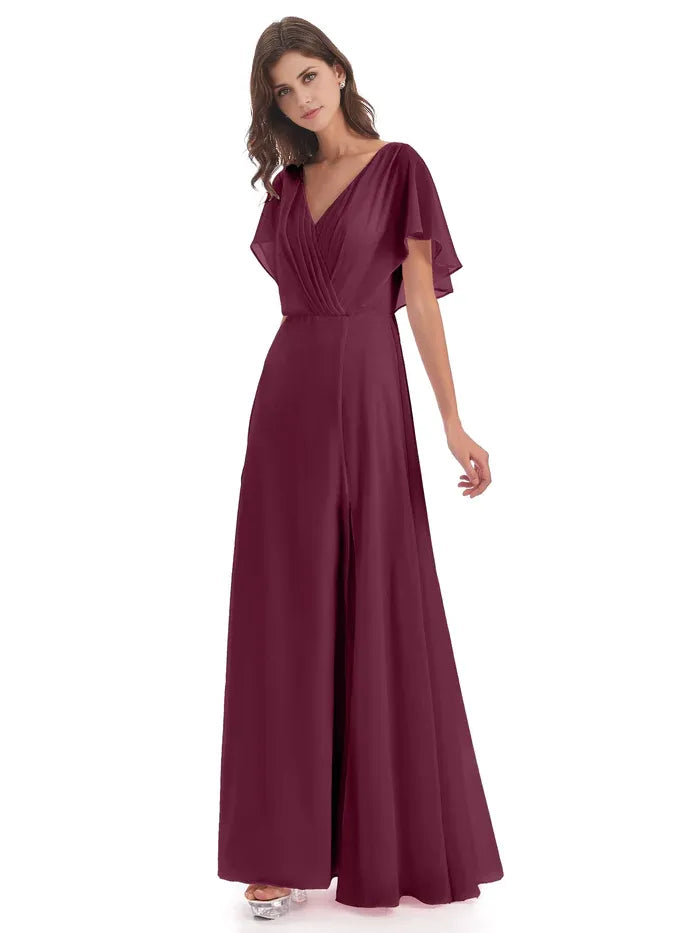 A-Line V-neck Short Sleeves Floor-Length Mother of the Bride Dress
