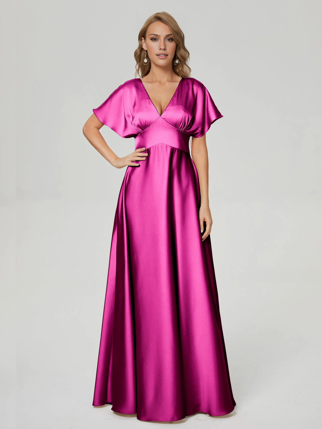 A-Line V-neck Short Sleeves V Back Floor-Length Prom Dress
