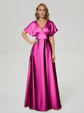 A-Line V-neck Short Sleeves V Back Floor-Length Prom Dress