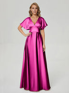 A-Line V-neck Short Sleeves V Back Floor-Length Prom Dress