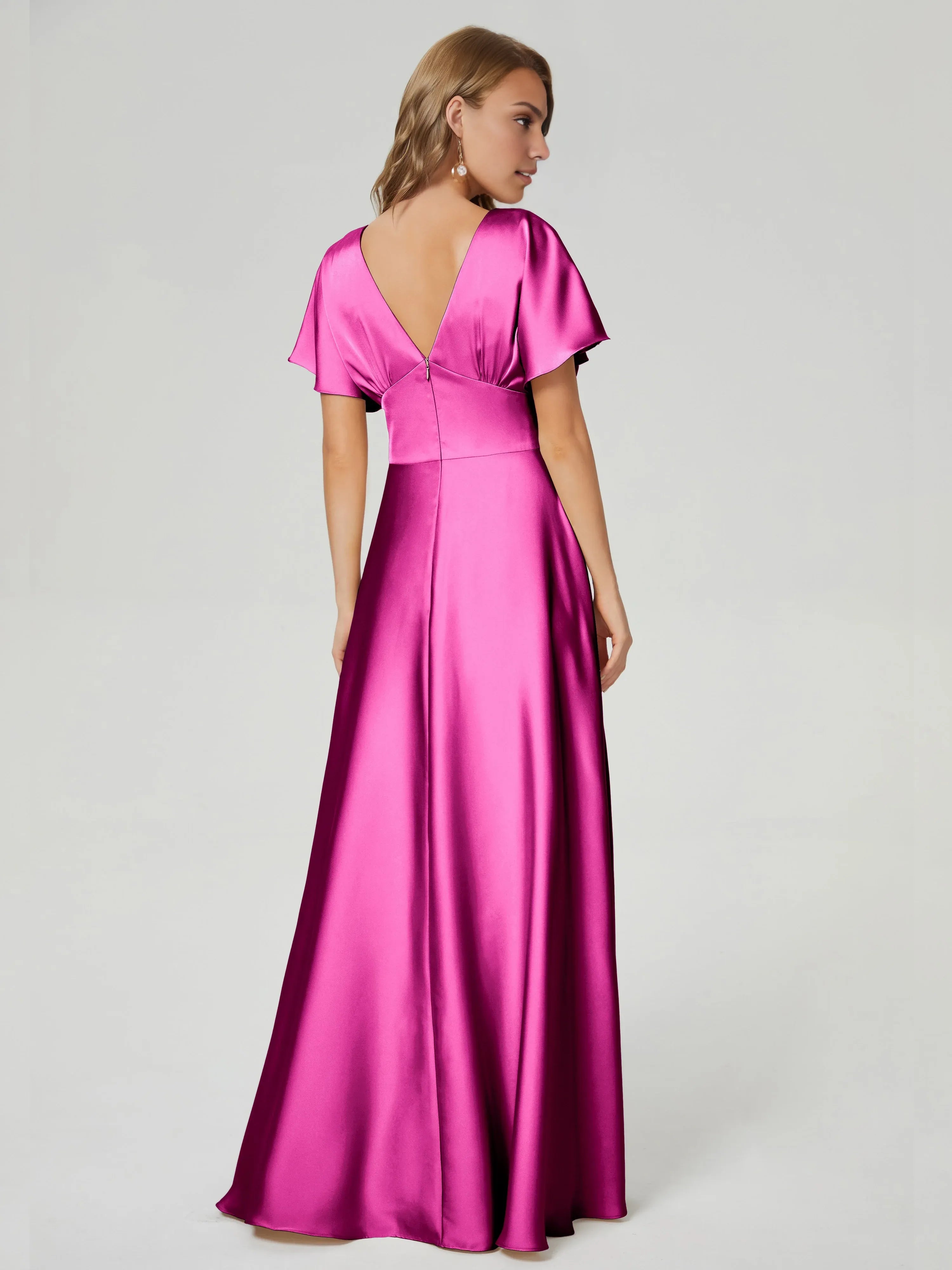 A-Line V-neck Short Sleeves V Back Floor-Length Prom Dress