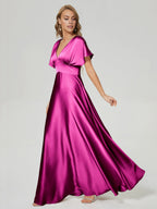 A-Line V-neck Short Sleeves V Back Floor-Length Prom Dress