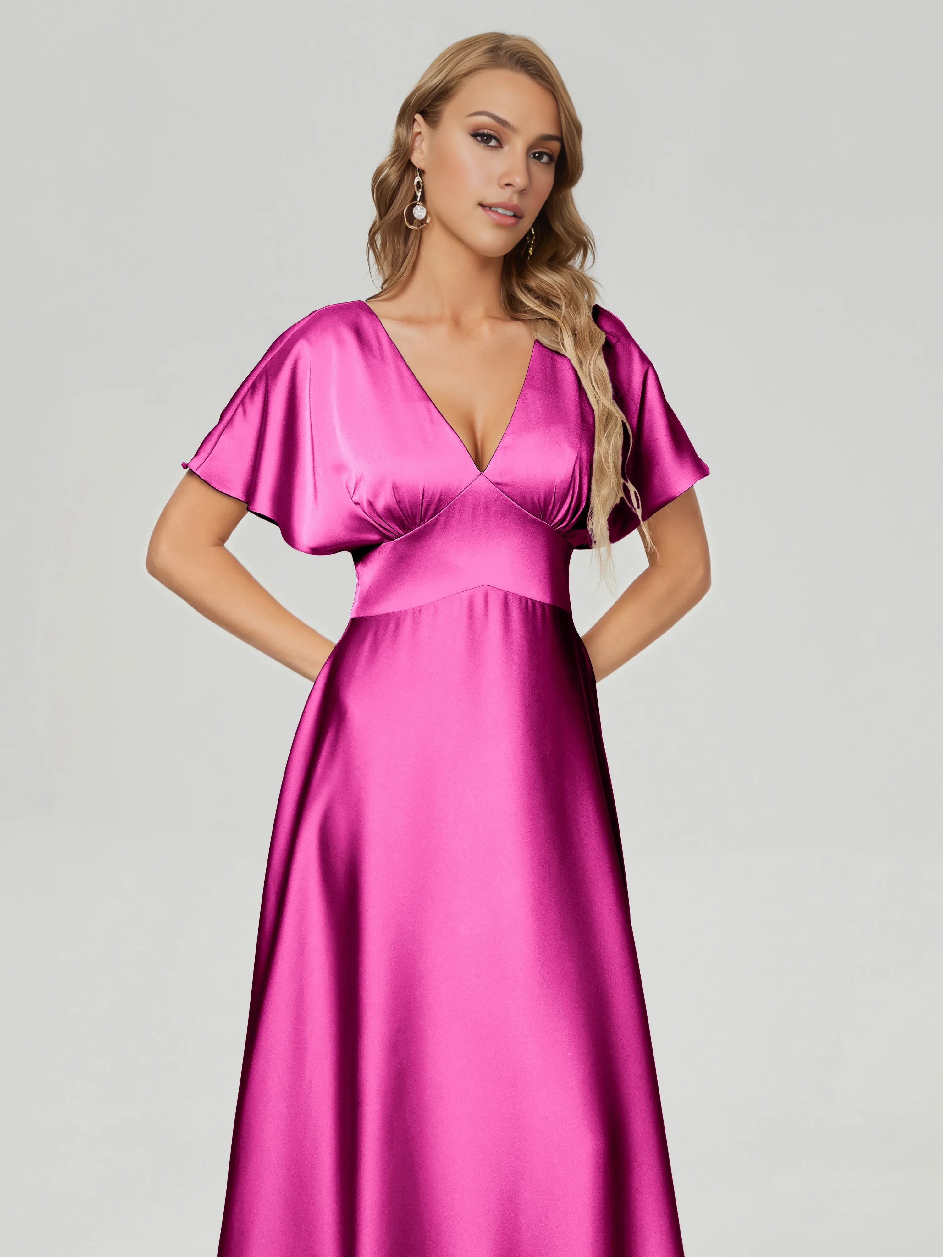 A-Line V-neck Short Sleeves V Back Floor-Length Prom Dress