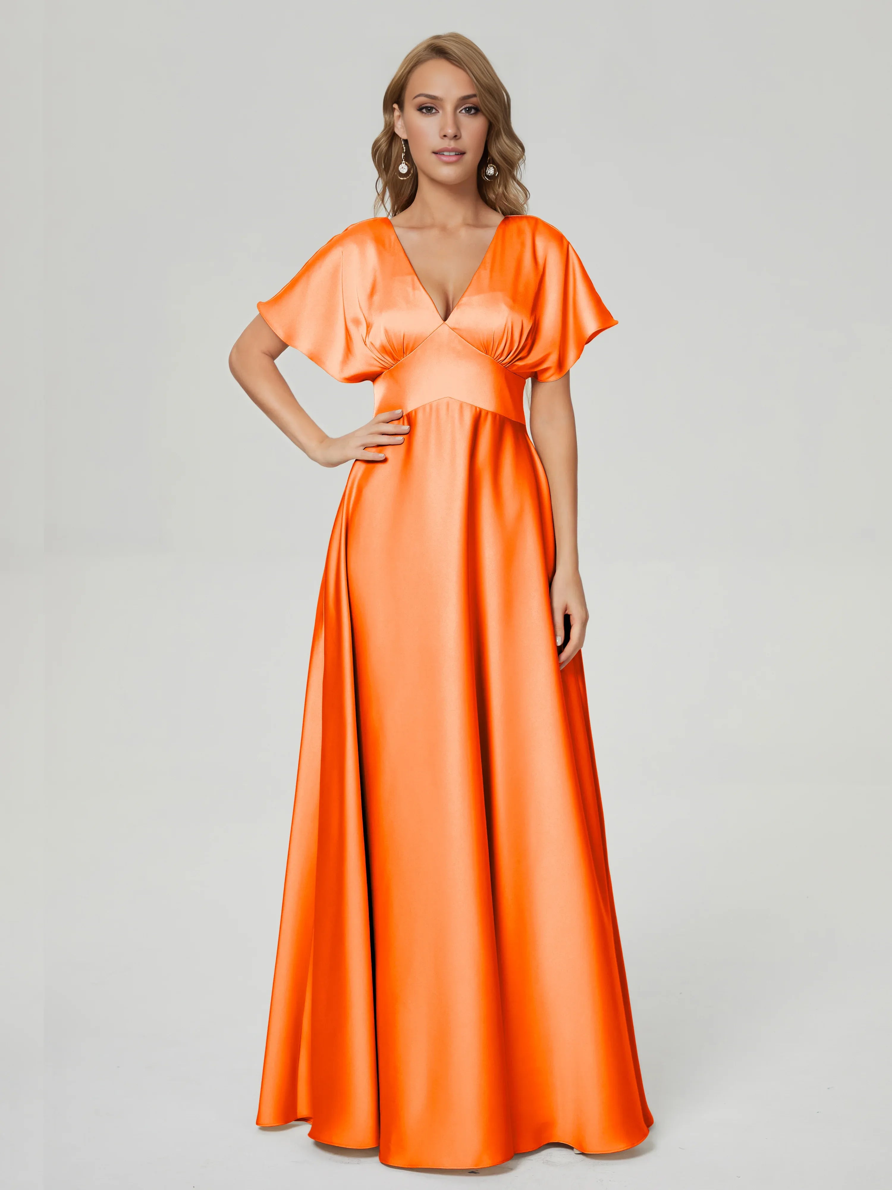 A-Line V-neck Short Sleeves V Back Floor-Length Prom Dress