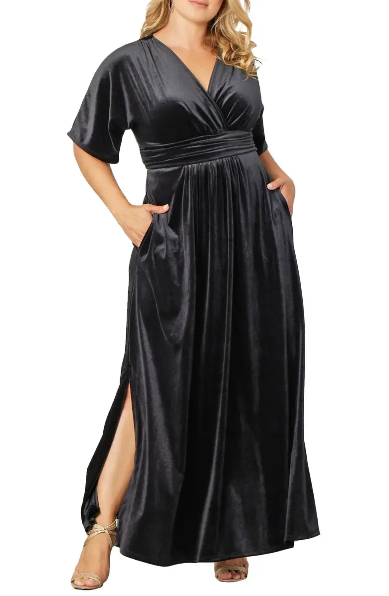 A-Line V-neck Short Sleeves Floor-Length Plus Size Mother of the Bride Dress