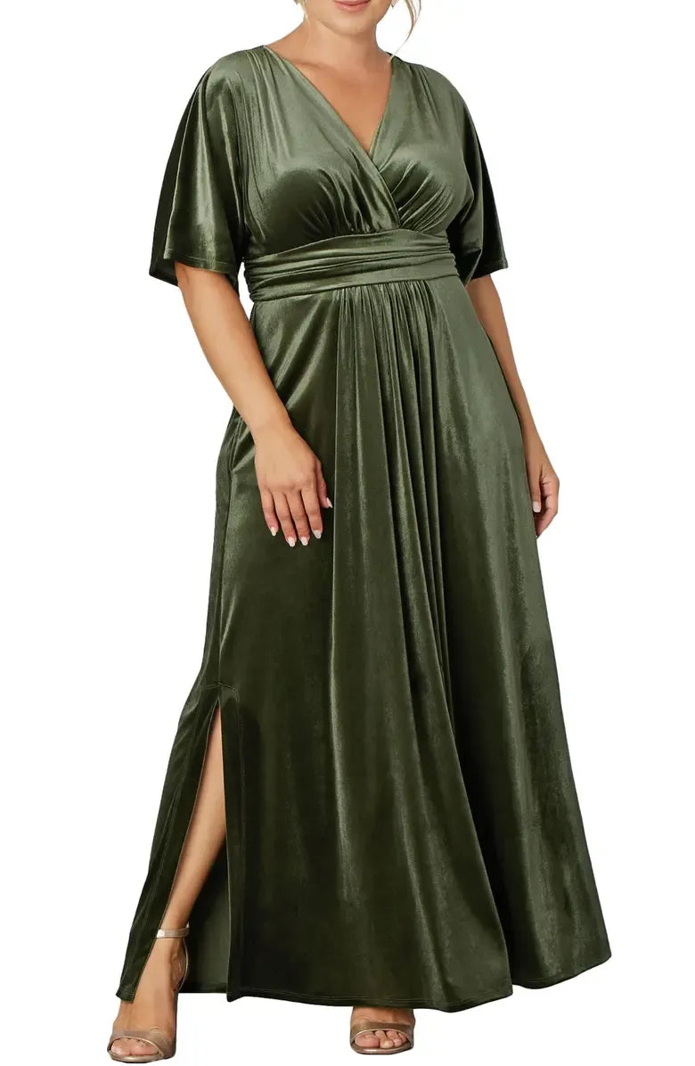 A-Line V-neck Short Sleeves Floor-Length Plus Size Mother of the Bride Dress