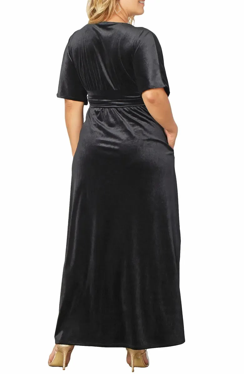 A-Line V-neck Short Sleeves Floor-Length Plus Size Mother of the Bride Dress