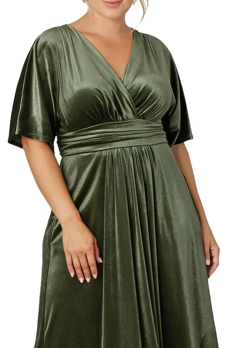 A-Line V-neck Short Sleeves Floor-Length Plus Size Mother of the Bride Dress