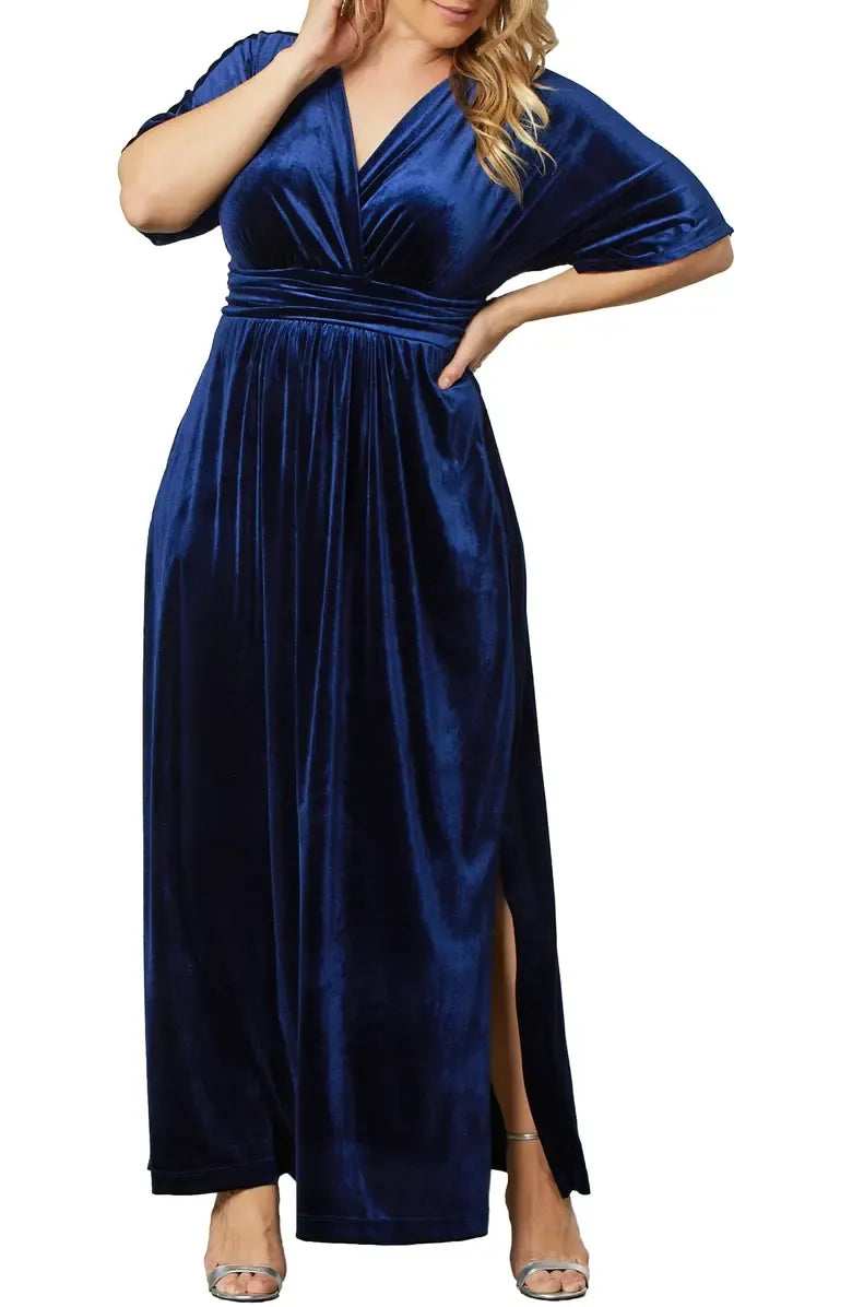 A-Line V-neck Short Sleeves Floor-Length Plus Size Mother of the Bride Dress
