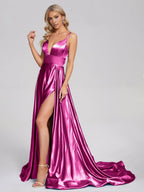 A-Line V-neck Sleeveless Up Court Train Prom Dress