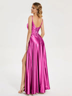 A-Line V-neck Sleeveless Up Floor-Length Prom Dress