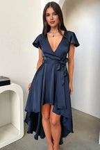 A-Line V Neck Cap Sleeve Pleated Ruffles Floor Length Prom Dress
