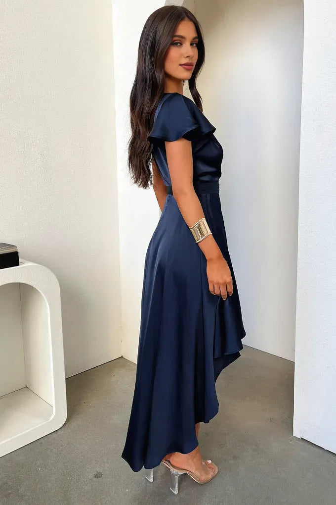 A-Line V Neck Cap Sleeve Pleated Ruffles Floor Length Prom Dress