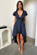 A-Line V Neck Cap Sleeve Pleated Ruffles Floor Length Prom Dress