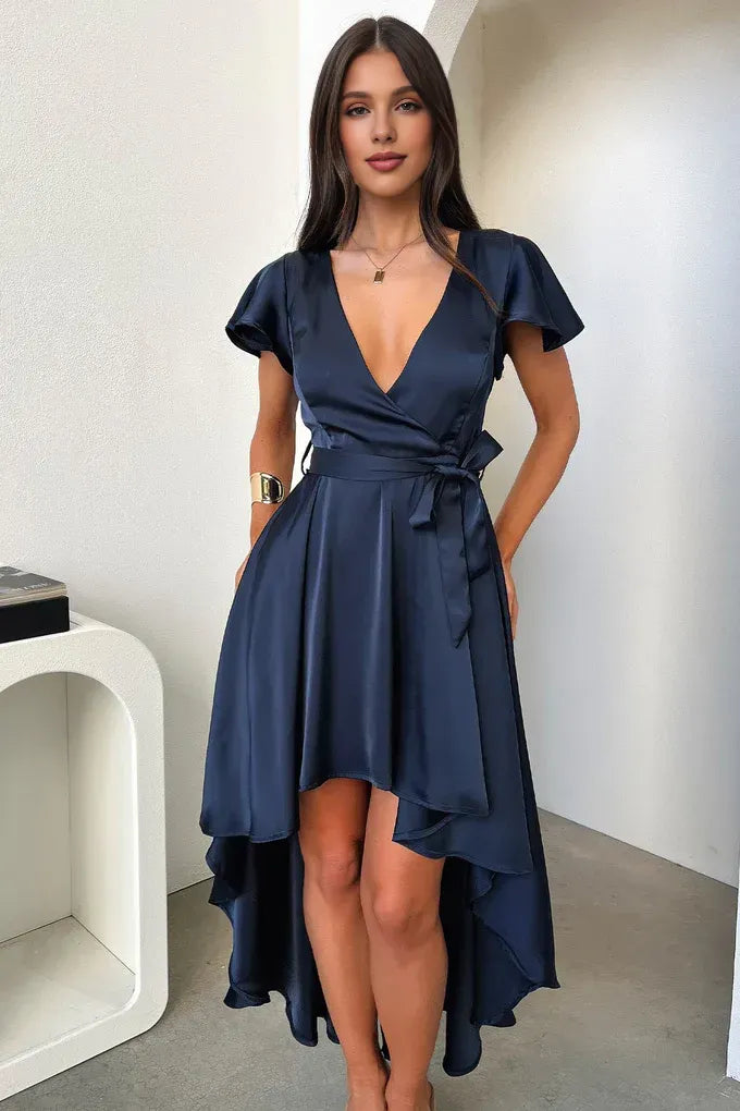 A-Line V Neck Cap Sleeve Pleated Ruffles Floor Length Prom Dress