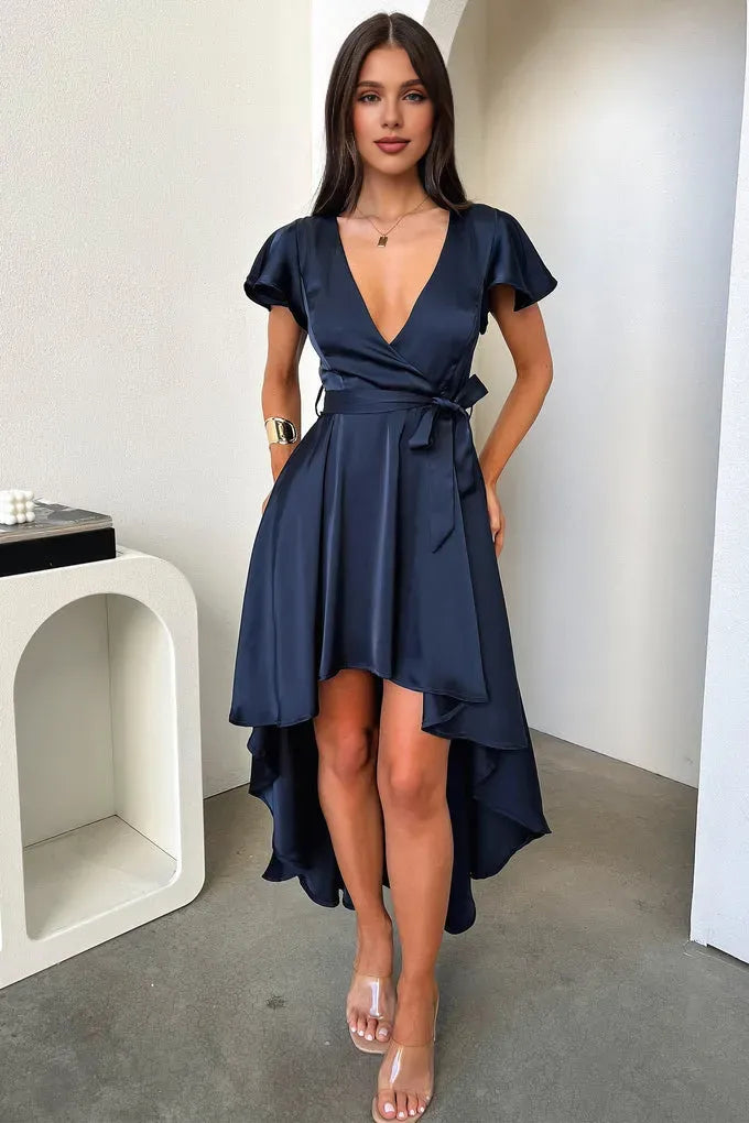 A-Line V Neck Cap Sleeve Pleated Ruffles Floor Length Prom Dress