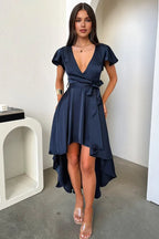 A-Line V Neck Cap Sleeve Pleated Ruffles Floor Length Prom Dress