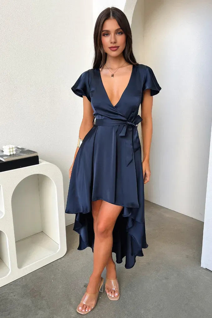 A-Line V Neck Cap Sleeve Pleated Ruffles Floor Length Prom Dress