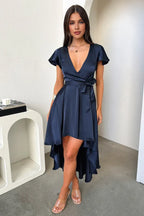 A-Line V Neck Cap Sleeve Pleated Ruffles Floor Length Prom Dress