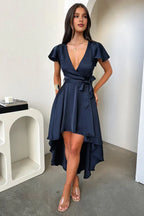 A-Line V Neck Cap Sleeve Pleated Ruffles Floor Length Prom Dress