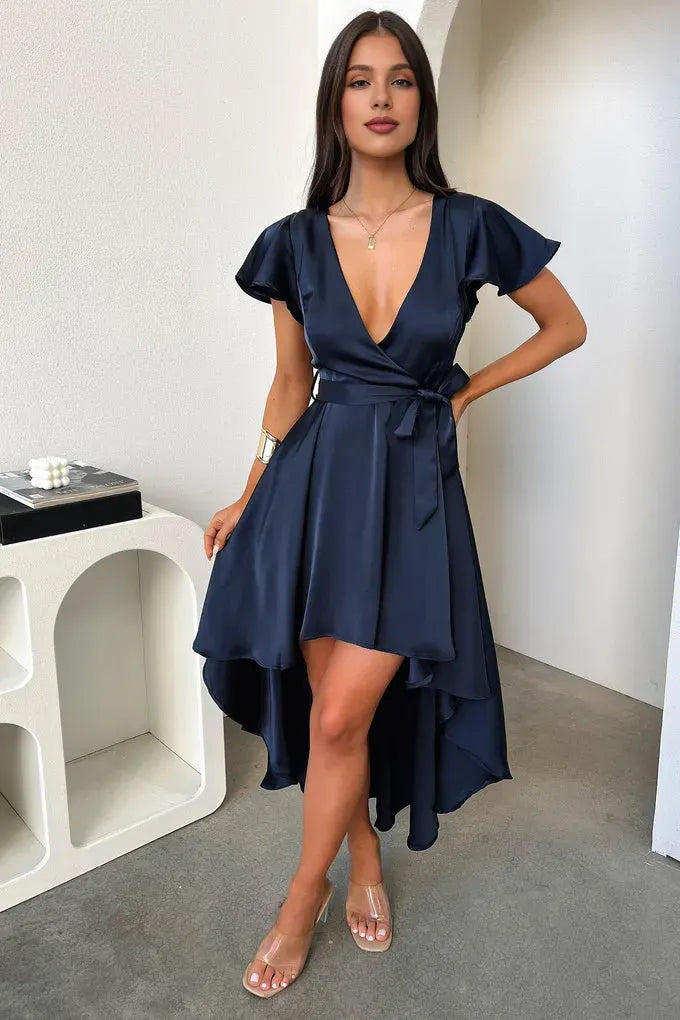 A-Line V Neck Cap Sleeve Pleated Ruffles Floor Length Prom Dress