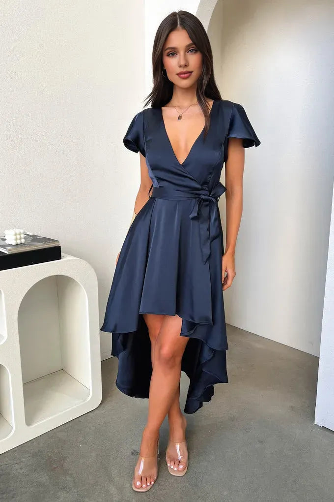 A-Line V Neck Cap Sleeve Pleated Ruffles Floor Length Prom Dress