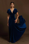 A-Line V Neck Cap Sleeves Floor-Length Evening Dress