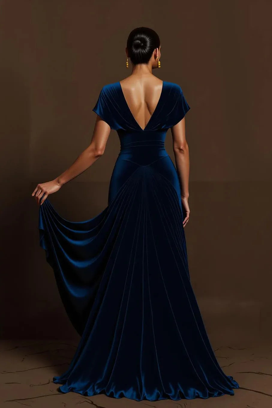 A-Line V Neck Cap Sleeves Floor-Length Evening Dress