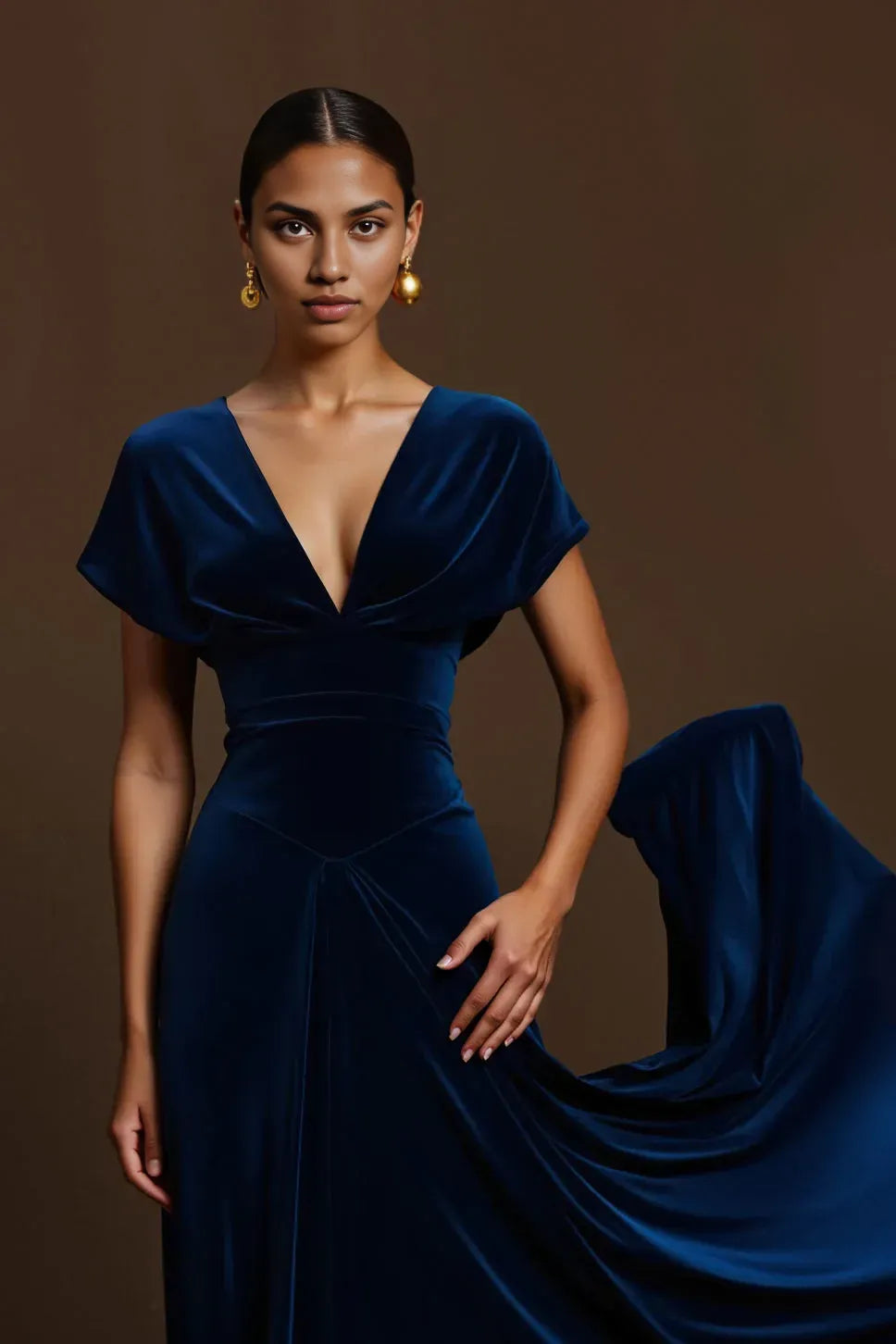 A-Line V Neck Cap Sleeves Floor-Length Evening Dress