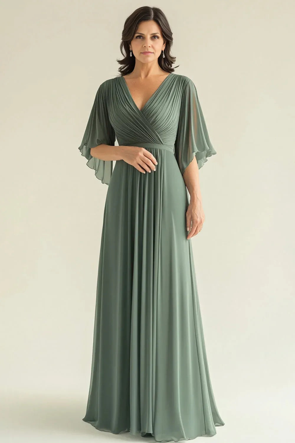 A-Line V Neck Flare Sleeves Solid Color Floor-Length Mother of the Bride Dress