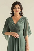 A-Line V Neck Flare Sleeves Solid Color Floor-Length Mother of the Bride Dress