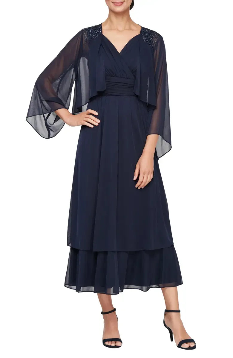 A-Line V Neck Flutter Sleeve Tea-Length Mother of the Bride Dress