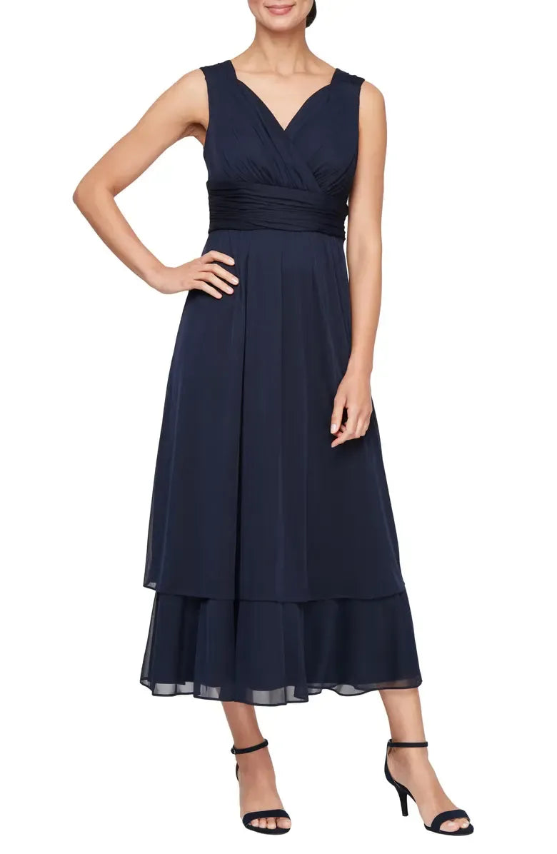 A-Line V Neck Flutter Sleeve Tea-Length Mother of the Bride Dress